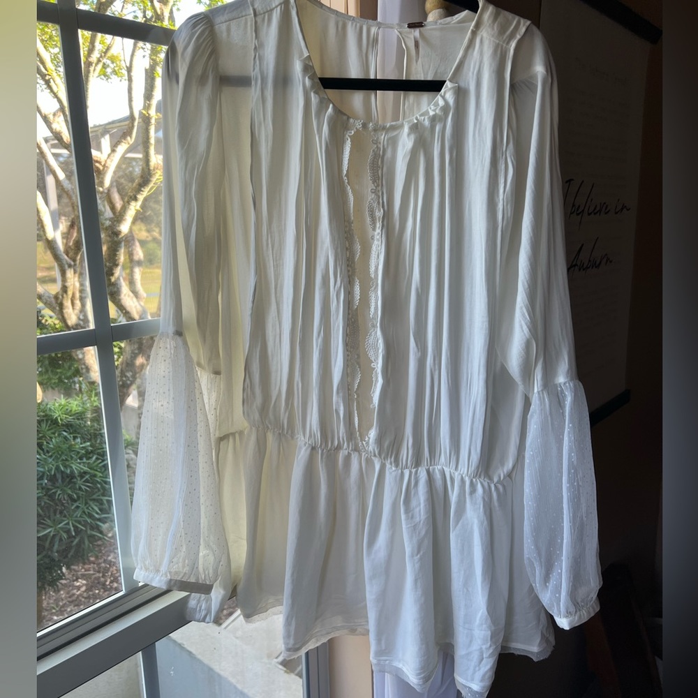 Free People White Lace Balloon Long Sleeve Tunic Top